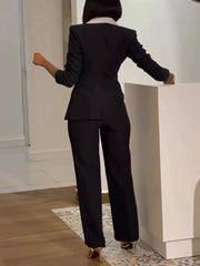 Fashion Color Block Lapel Slim Blazer Suit Pant Set