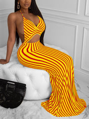 Sexy Striped Print Backless Hollow Out Maxi Dress