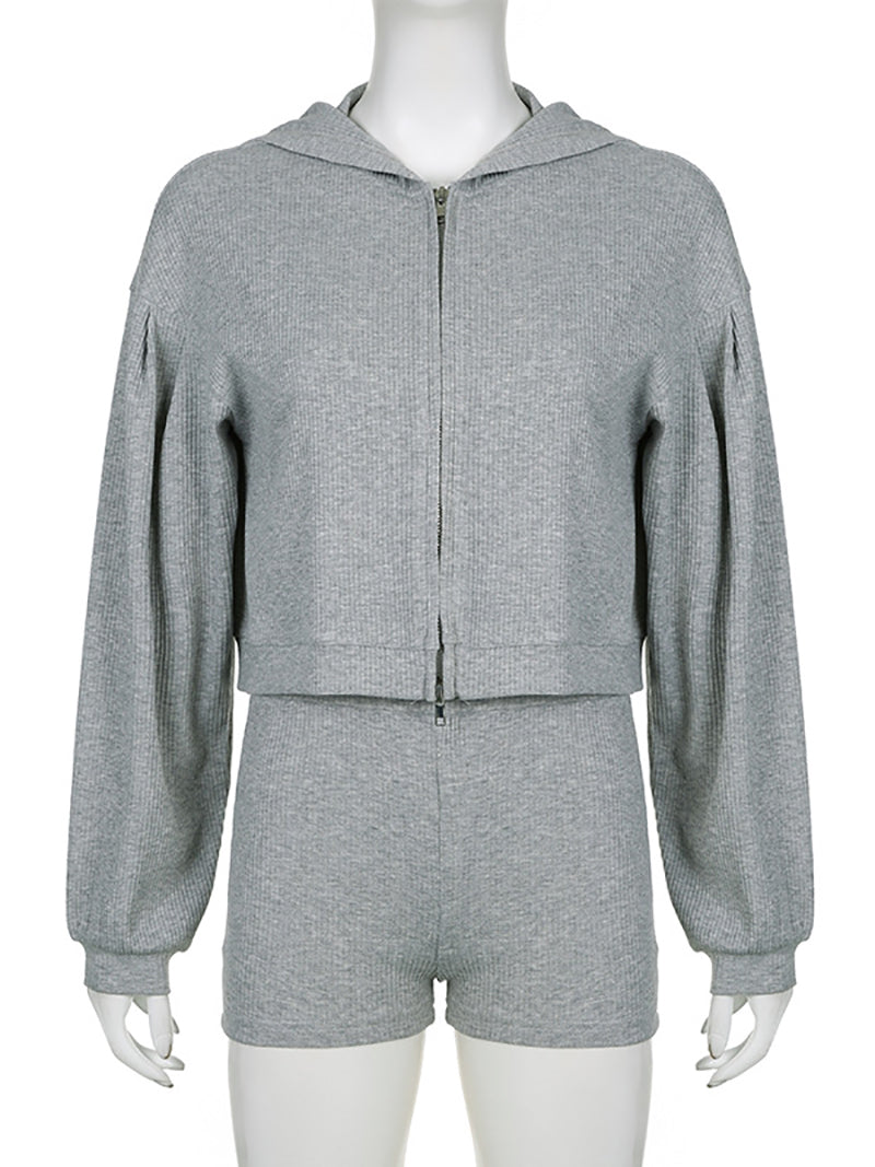 Casual Sports Yoga Ribbed Crop Top Jacket Shorts Sets