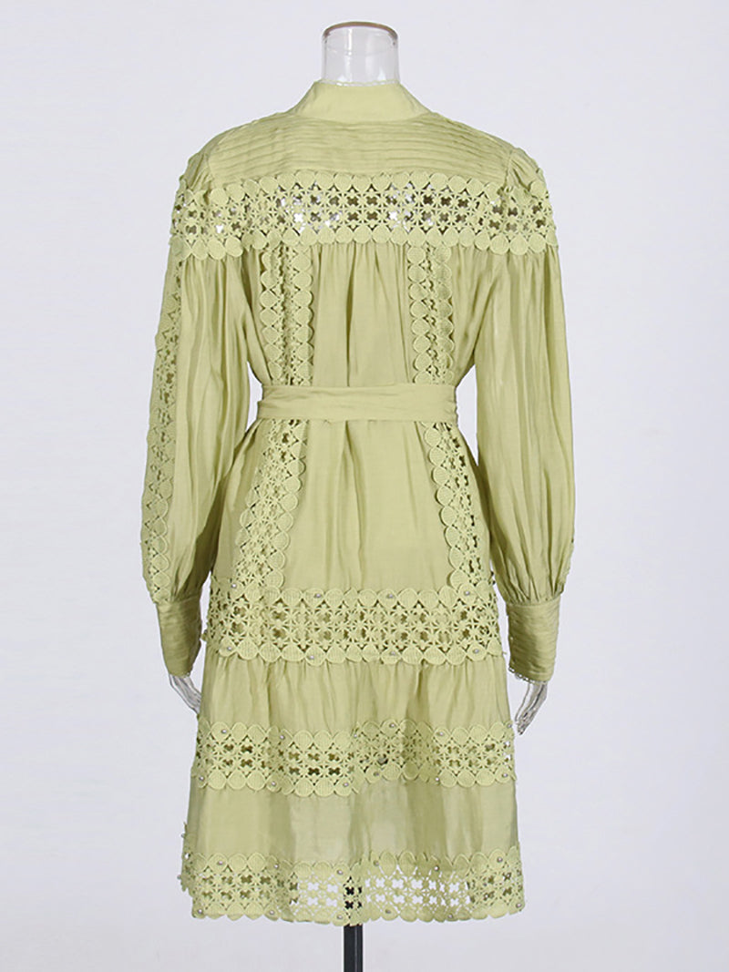 Elegant Embroider Hollow out Lace-up Midi Dress