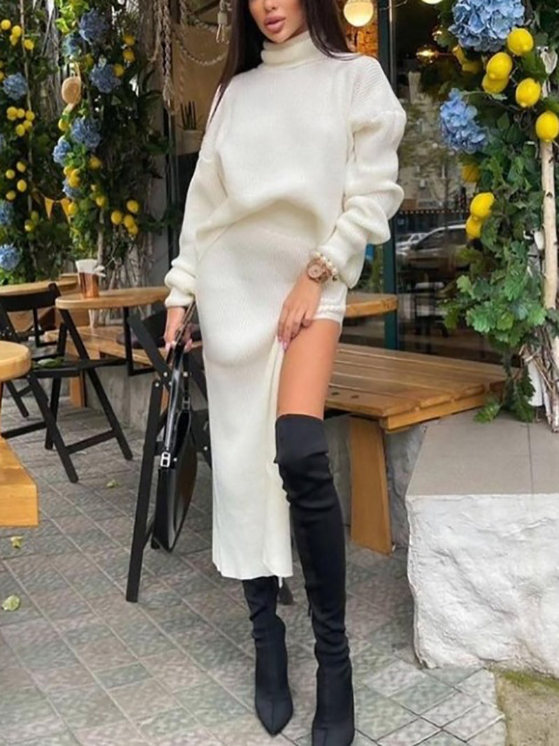 Fashion Turtleneck Pullover Top Slit Skirt Set