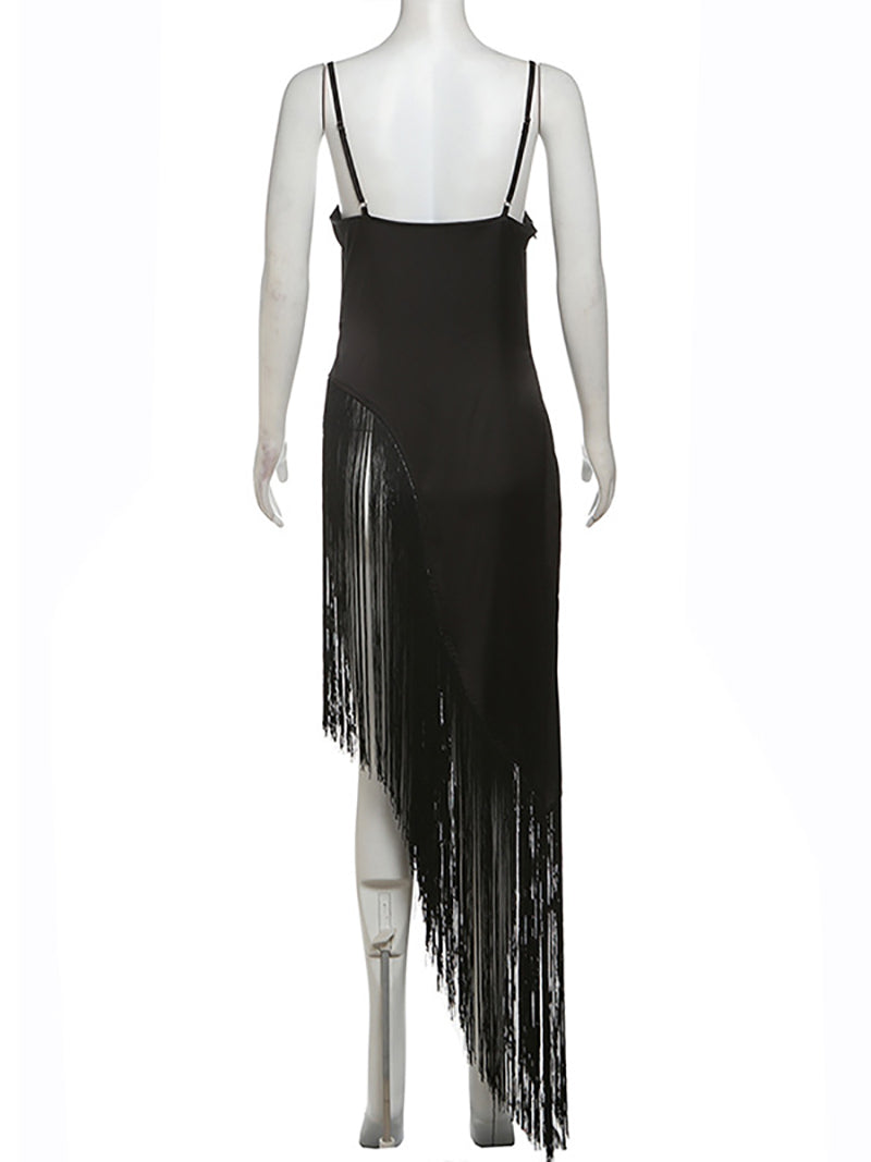 Sexy Spaghetti Strap Slit Tassels Midi Dress