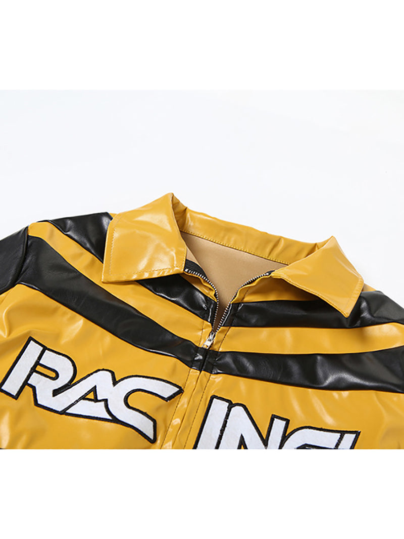 Collared PU Leather Cropped Racing Jacket