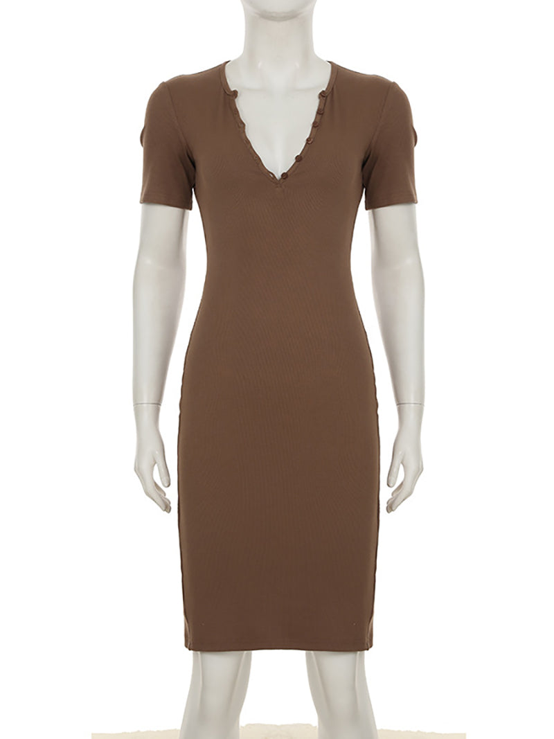 Fashion V-neck Knit Slim Package Hip Midi Dress