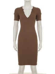 Fashion V-neck Knit Slim Package Hip Midi Dress