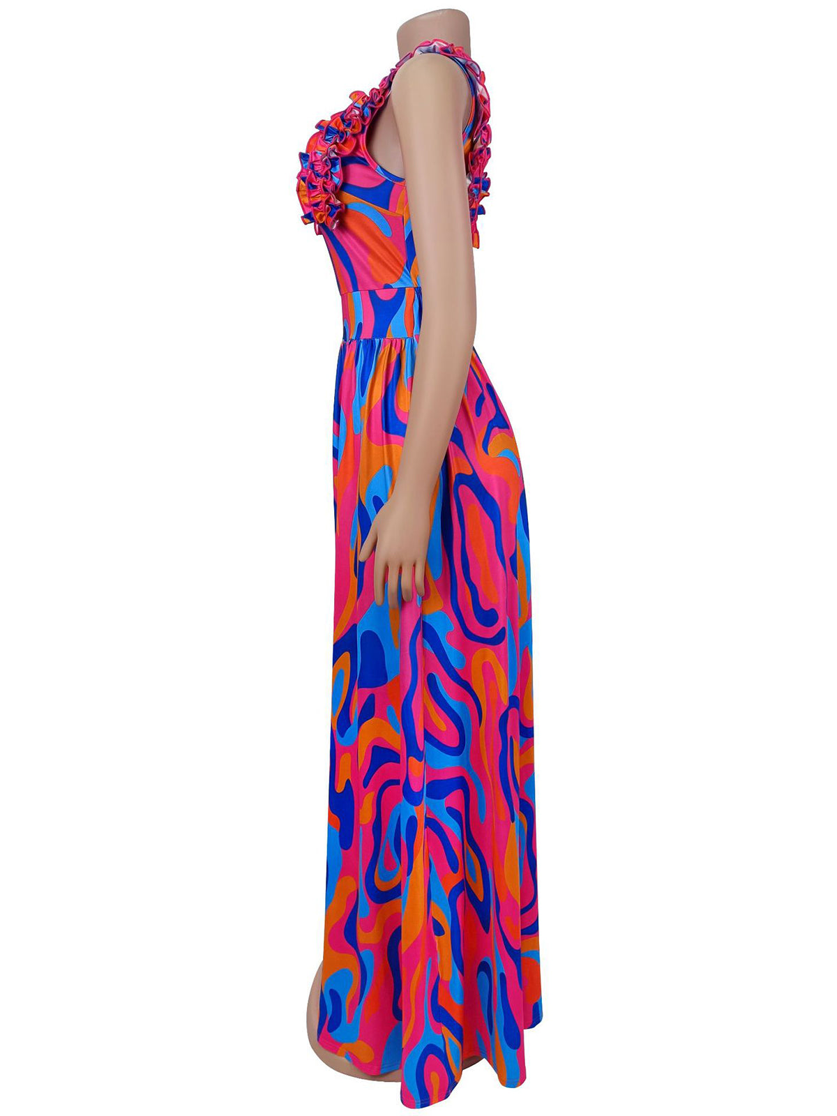 Elegant Print V Neck Ruffled Contrast Color Maxi Dress
