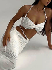 Sexy Pearl Embellishment Halter Tops Long Skirt Sets