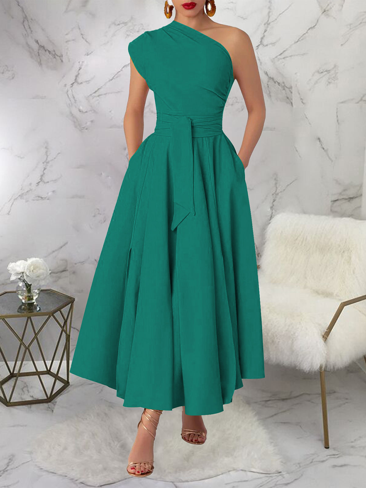 Casual Sleeveless Skew Collar Split Dress
