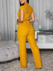 Fashion Short Sleeve Cinched Waist Lace Solid Jumpsuit