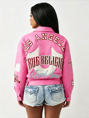 Racing Print Faux Leather Moto Jacket