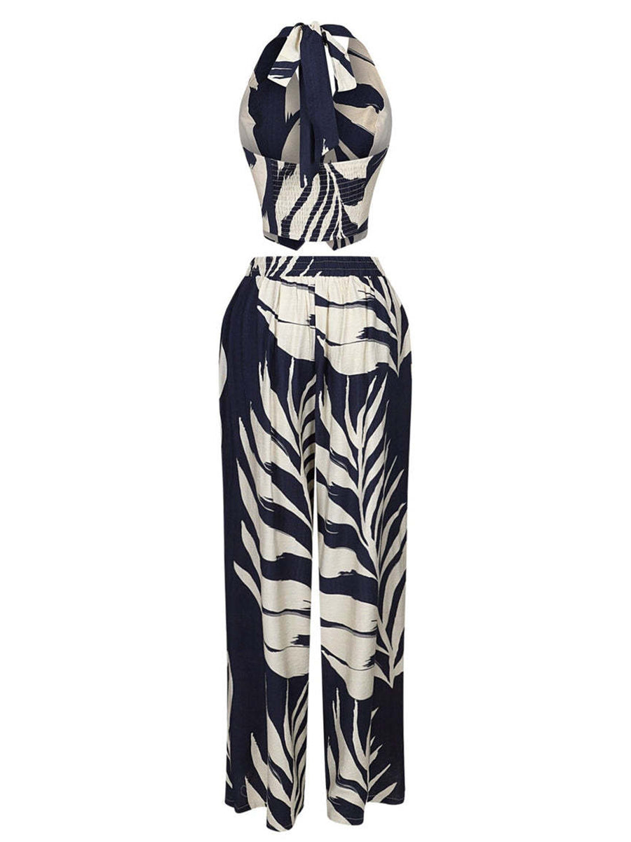 Casual Print Halter Lace-up Top Wide Leg Pants Set