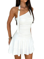 Sexy Halter Backless Asymmetrical Ruched Mini Dress