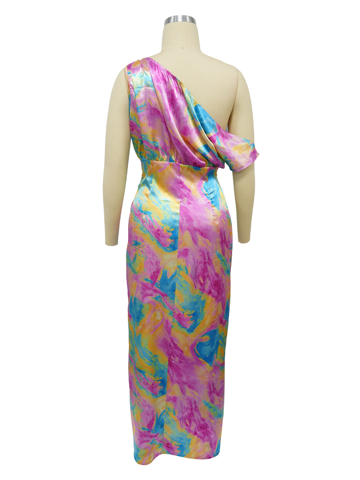 Sexy Tie-Dye Print Skew Shoulder High Slit Long Dress