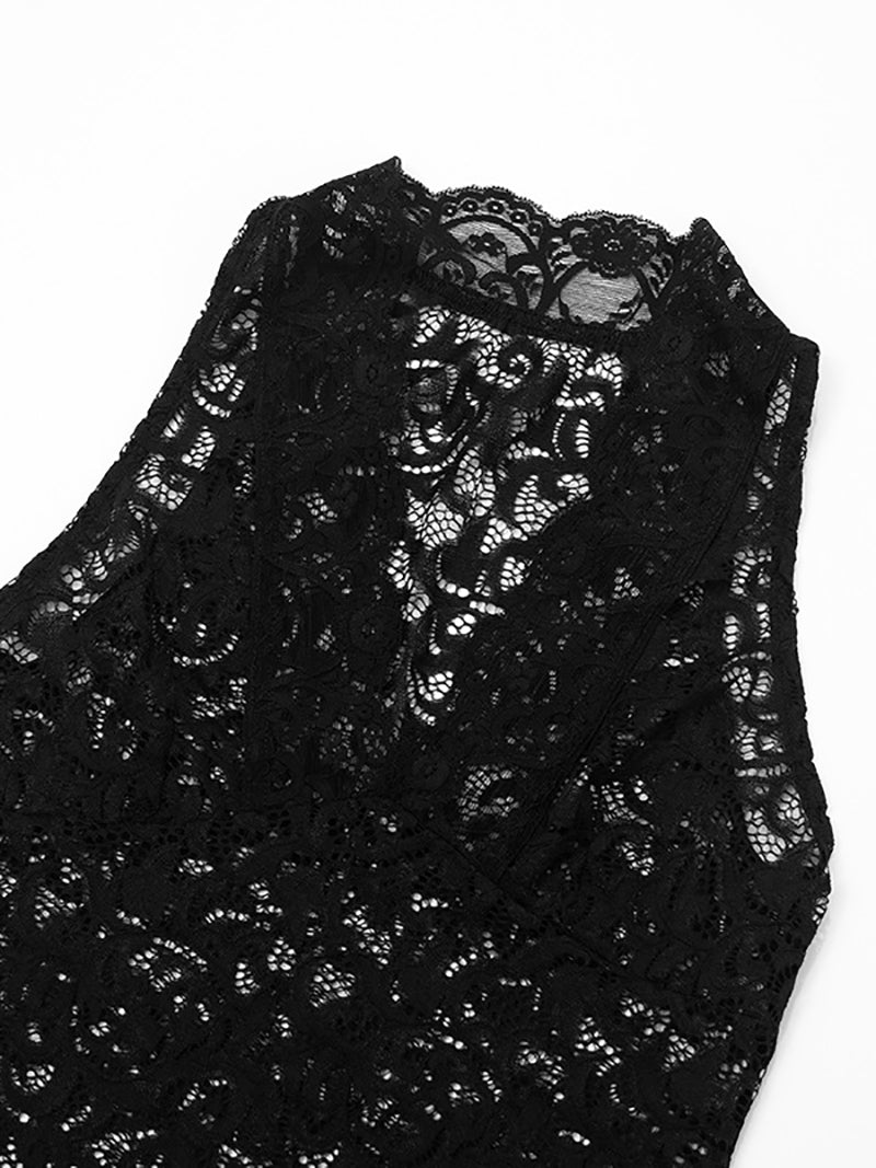 Sexy V Neck Mesh Lace See Through Tank Top