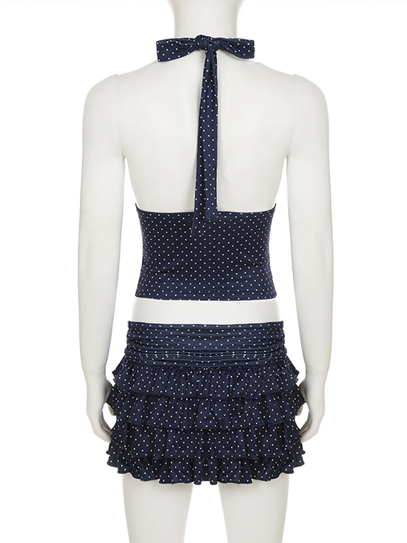 Polka Dot Print Halter Top Tiered Skirt Two Piece Set