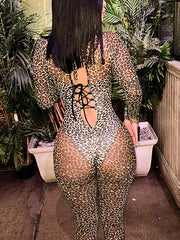 Sexy Leopard Print See-Through Tight Jumpsuit