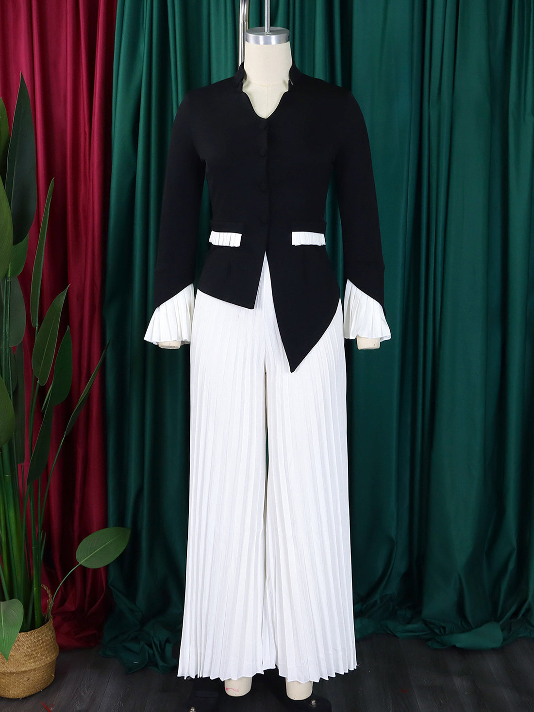 Casual V-neck Asymmetry Top Pleated Wide Leg Pants Set