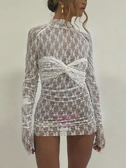 Sexy Long Sleeve Lace See through Bodycon Mini Dress