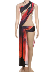 Sexy Skew Collar Lace-up Print Club Dress