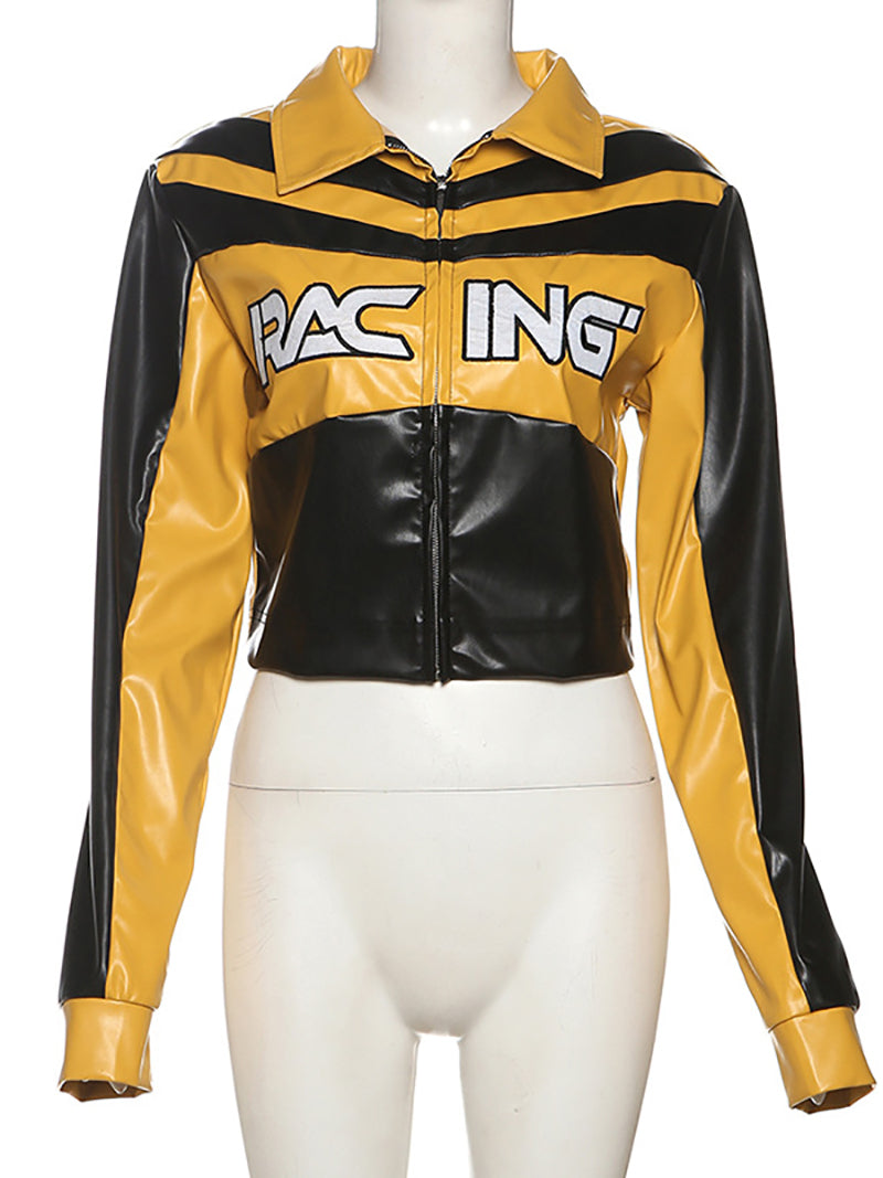 Collared PU Leather Cropped Racing Jacket