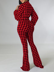 V Neck Houndstooth Print Slim Jumpsuit