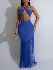 Sexy Cutout Wrap Chest Fringes Maxi Dress