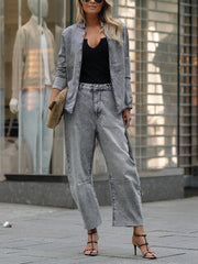 Casual Belted Denim Jacket And Wide Leg Jeans Set