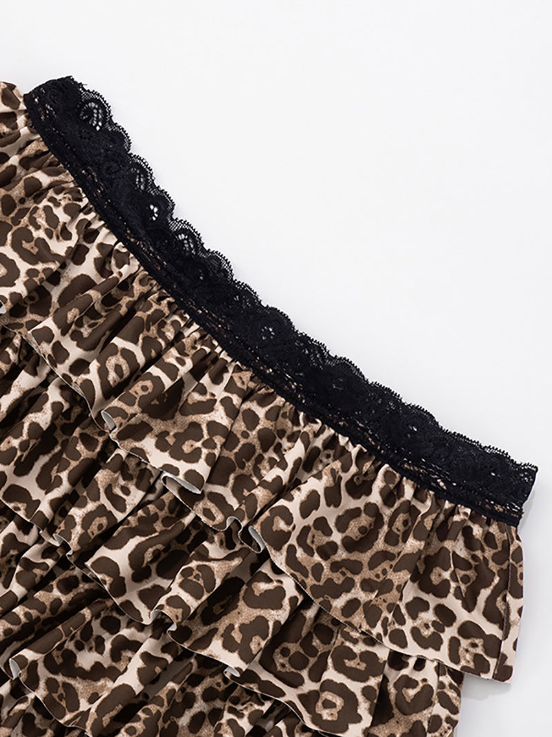 Leopard Print Lace Strapless Top Tiered Mini Skirt Sets