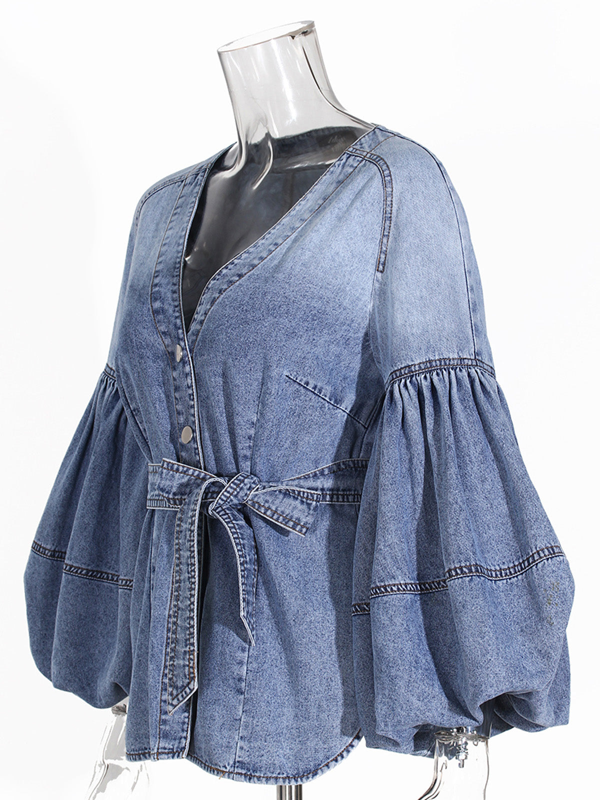 Casual V-Neck Balloon Sleeve Denim Blouse