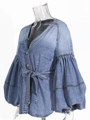 Casual V-Neck Balloon Sleeve Denim Blouse