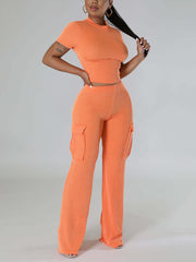 Solid Short Sleeve Top Wide-leg Pants Two-Piece Set