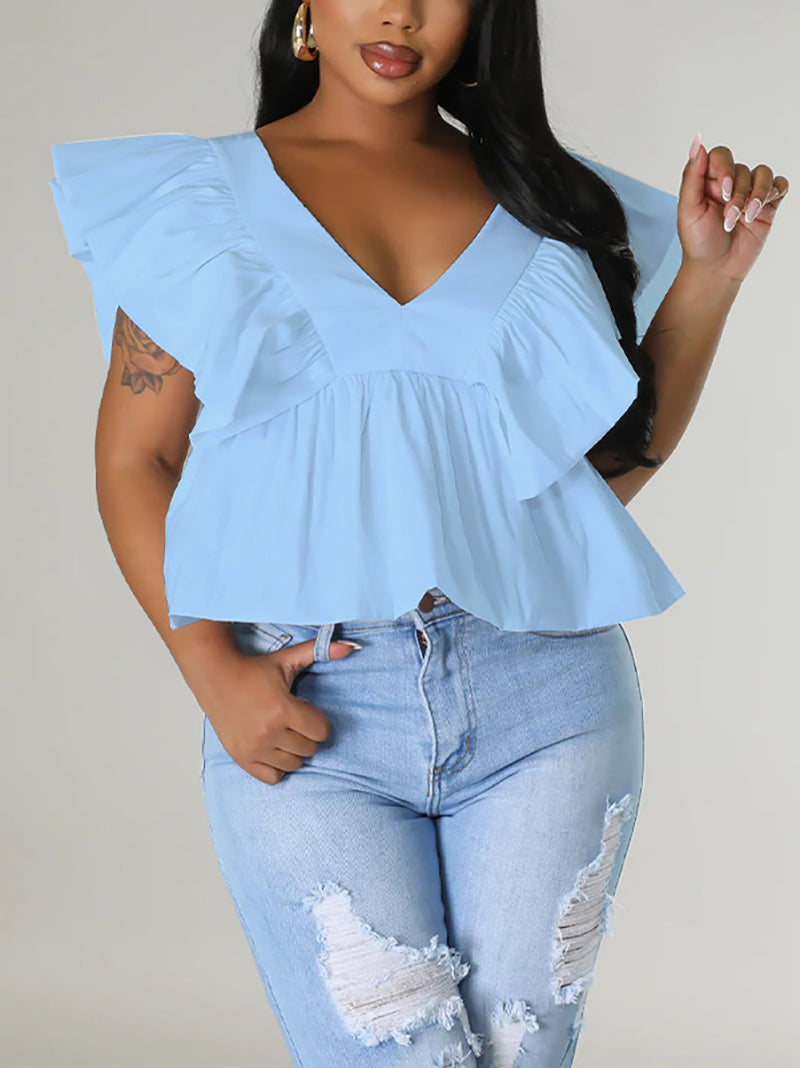 Fashion Print V Neck Lace-up Top