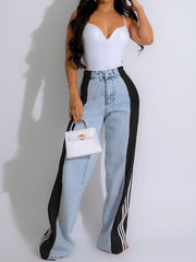 Fashion Patchwork Stripe Elastic High Waist Jeans