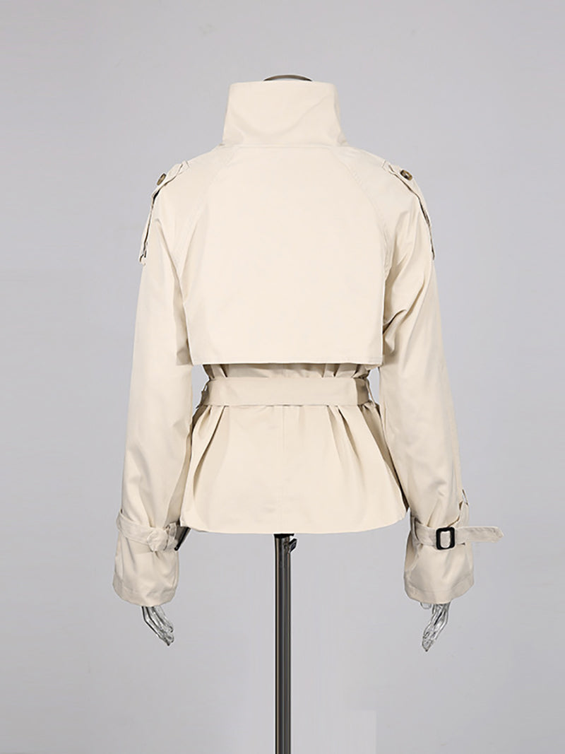 Fashion Double Breasted Belt Jacket Cropped Trench Coat