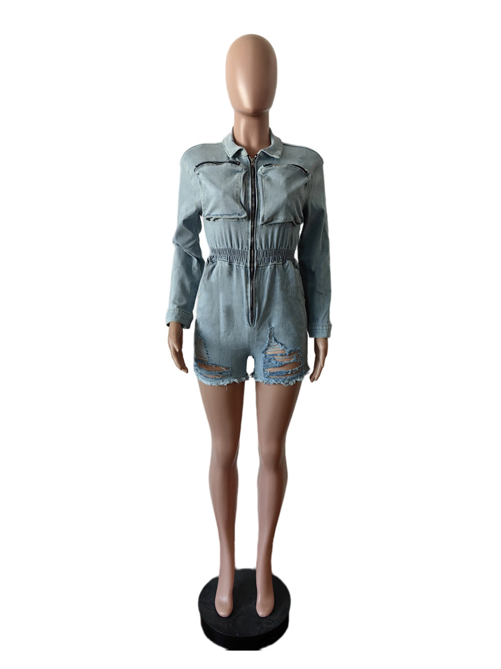 Casual Zip-Front Washed Elastic Denim Romper