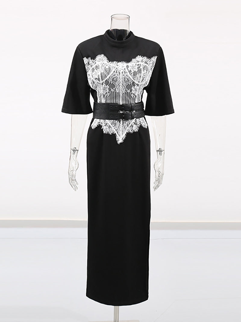 Casual Round Neck Lace Patchwork High Split Dress