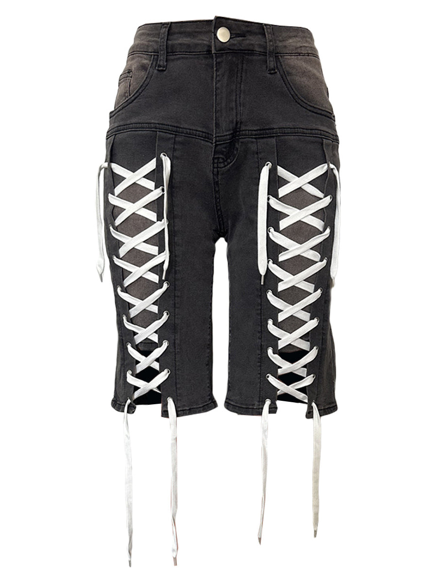 Drawstring Lace-up Washed Denim Shorts