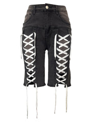 Drawstring Lace-up Washed Denim Shorts