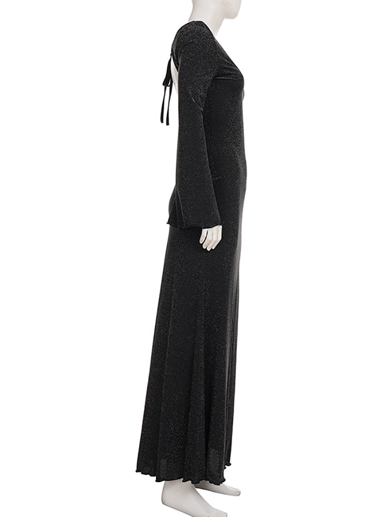 Elegant Flared Sleeve Backless Lace-Up Slim Maxi Dress