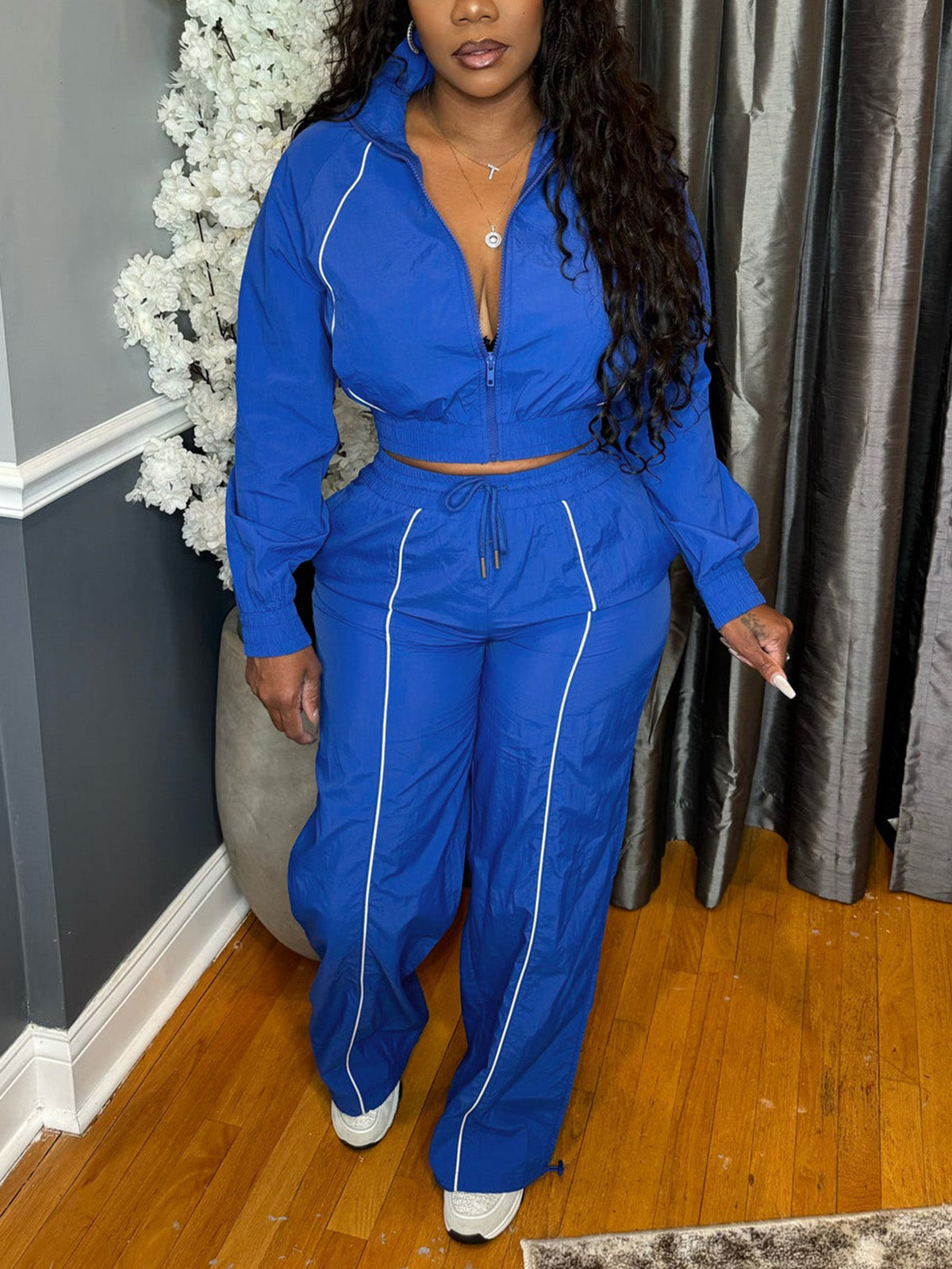 Striped Patchwork Zipper Top and Sweatpants Casual Set