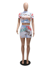 Printed Short Sleeve Top Slim Short Skirt Two Piece Set