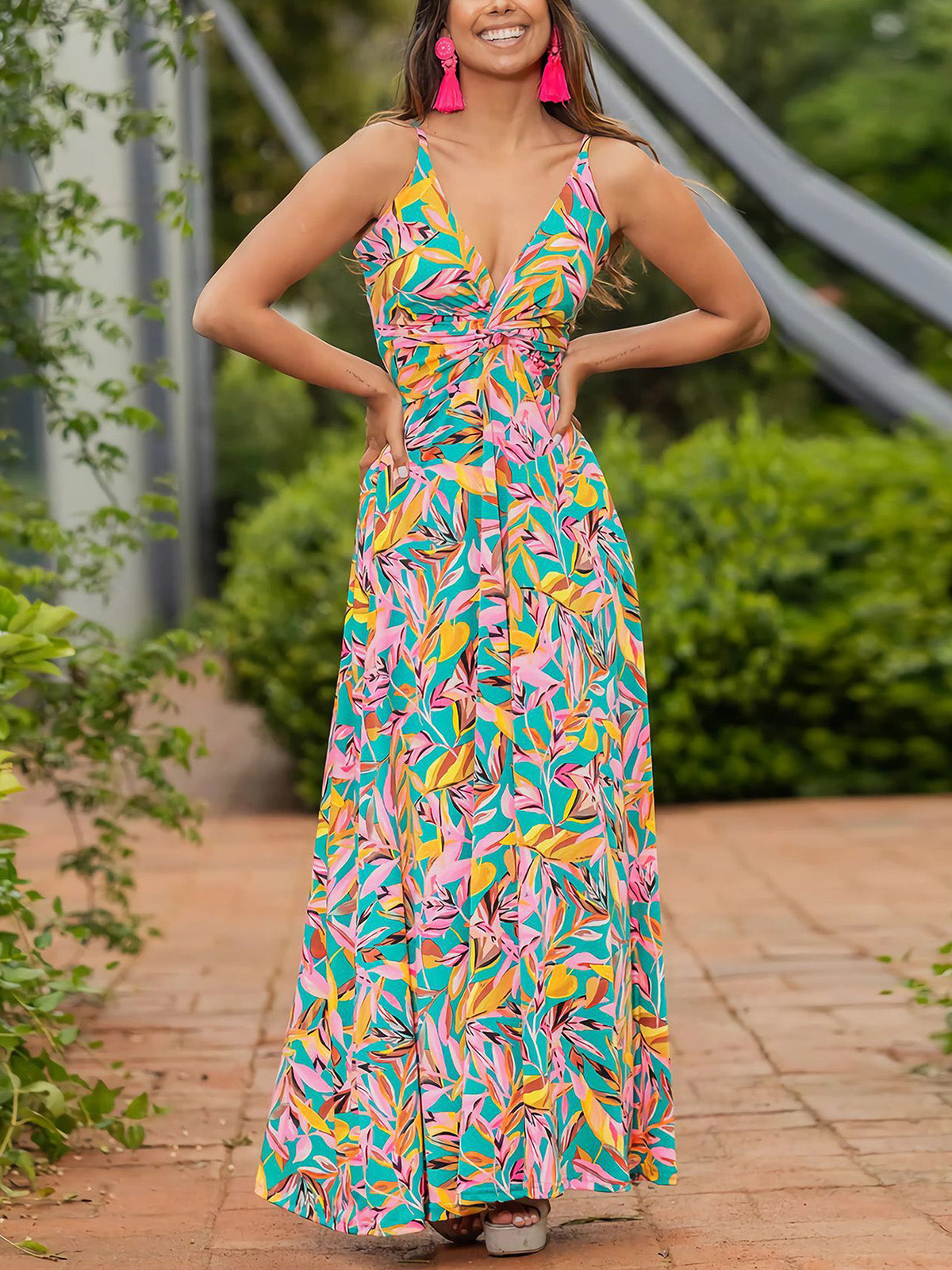 Elegant V-neck Print A-line Maxi Dress