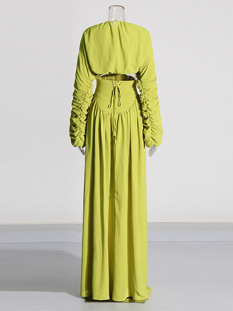 Fashion Round Neck Bubble Sleeve Maxi Skirt Set