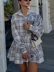 Fashion Plaid Loose Shirt and Skirt Two Piece Set