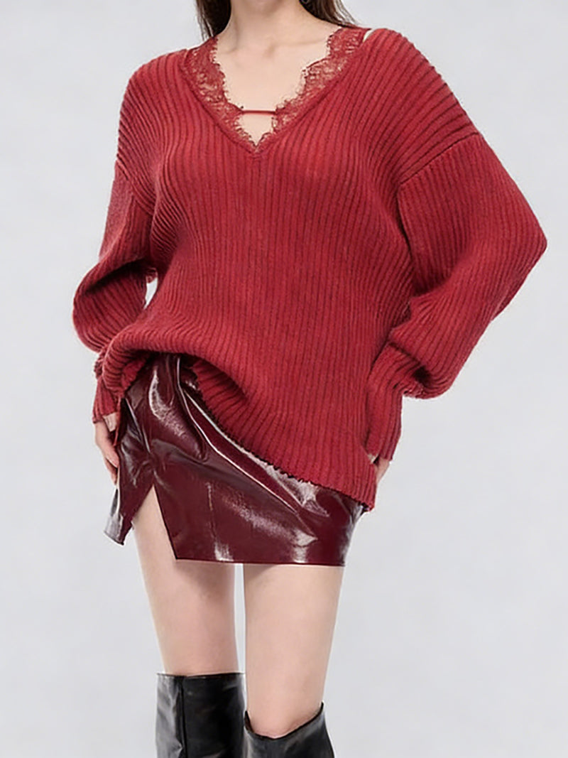 Fashion Lace Patchwork Knit Long Sleeve Sweater