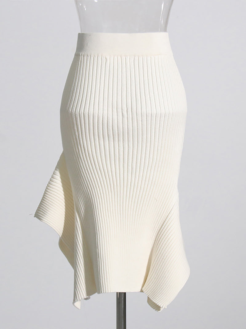 High Waist Ribbed Hem Ruffles Midi Skirt