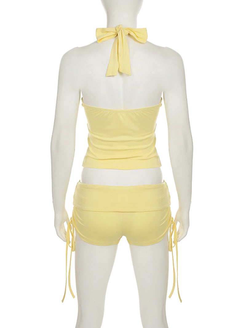 Sexy Halter Crop Top Side Drawstring Shorts Sets