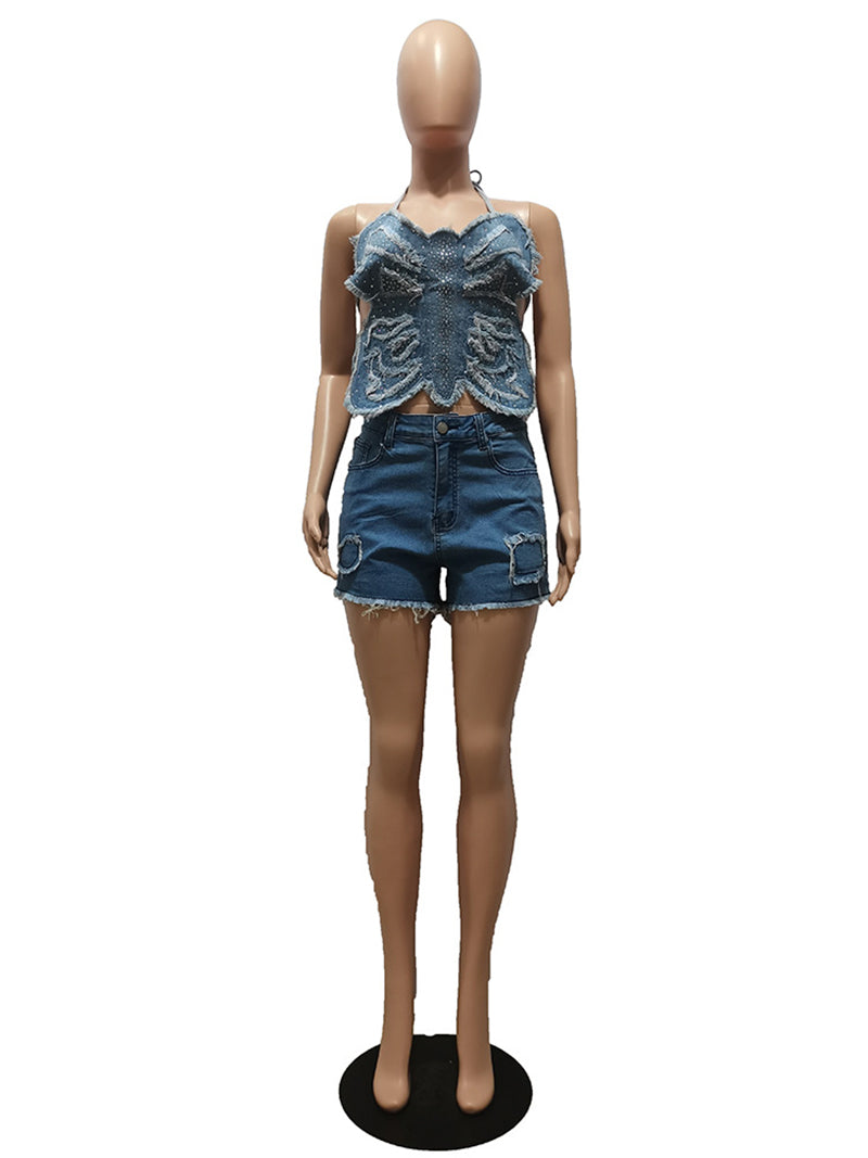 Butterfly Tops Denim Shorts Sets