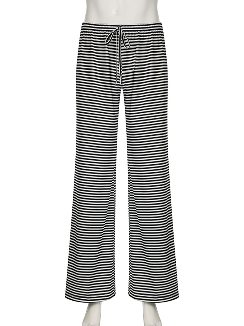 Loose Casual Drawstring Striped Straight Pants