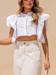 Fashion Ruffles Sleeve Slim Crop Shirt